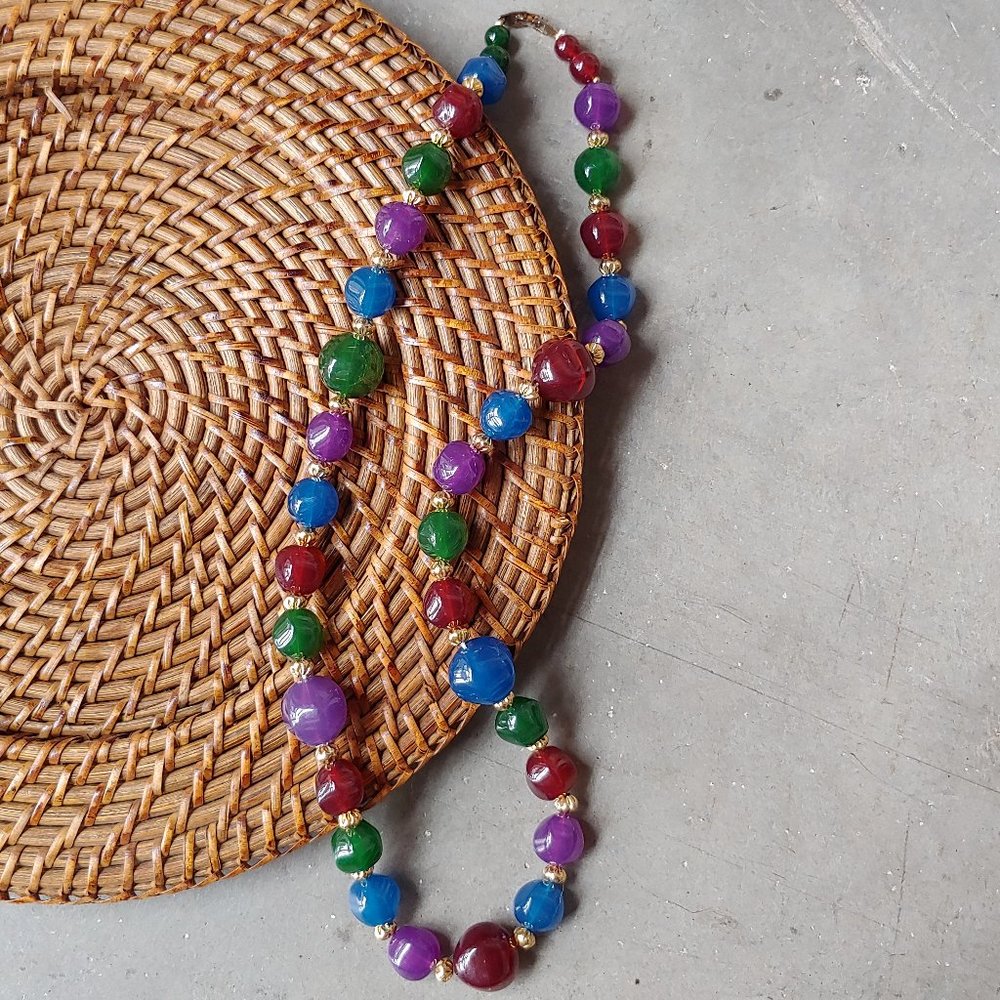 Vintage 80s Coastal Grandma Boho Blue Red Green Purple Beaded Long Necklace